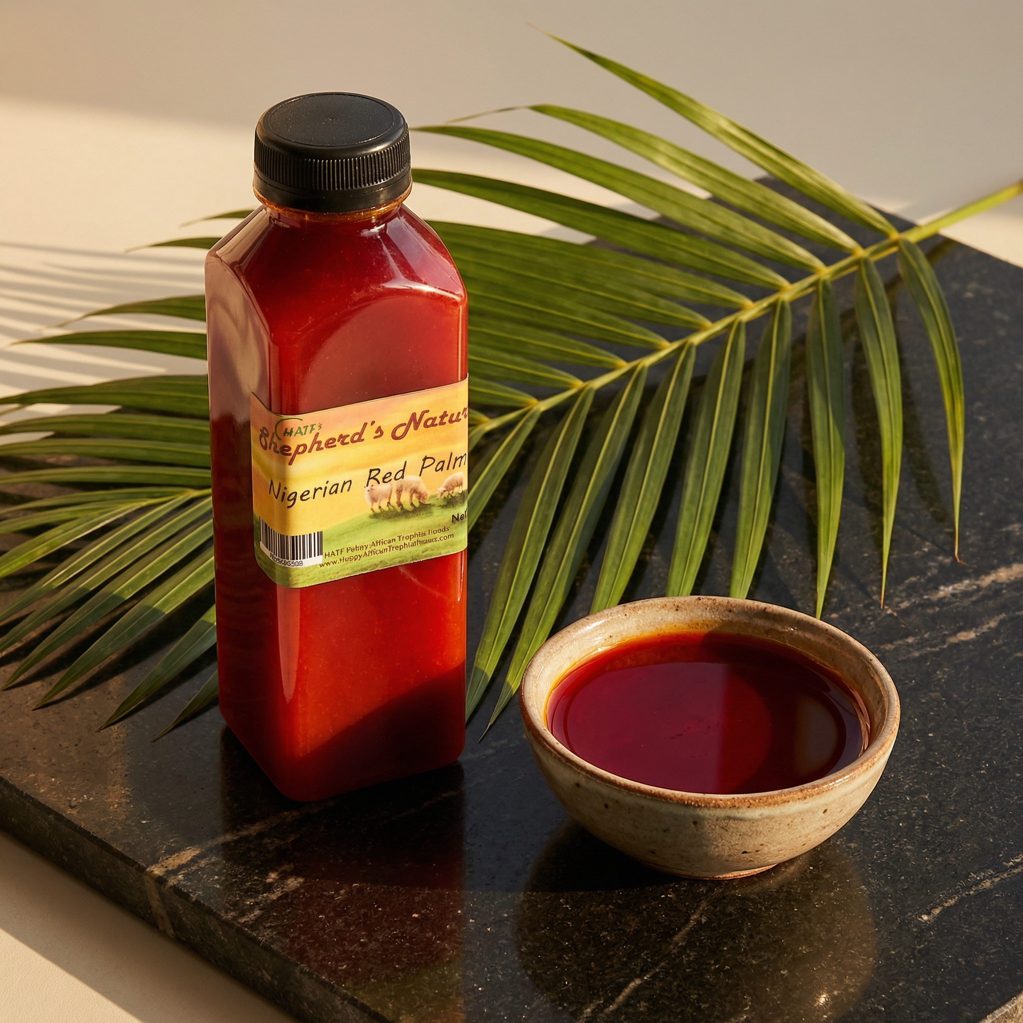 product campaign image a bottle of nigerian red palm oil and a small eor4ysbv